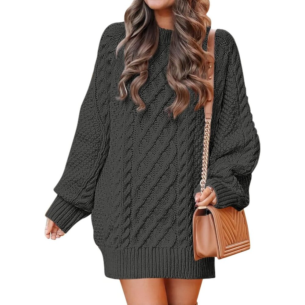 Women Oversized Cable Knit Sweater Grey Chunky Long Sleeve Fall Winter Outfit